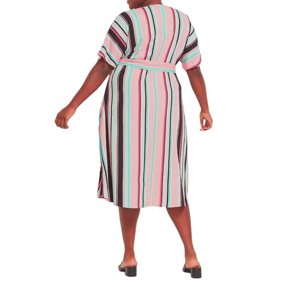 Size 14/16 1X FIJI STRIPED MIDI DRESS W/TIE + POCKETS Duster Spring Summer PLUS - Picture 3 of 7